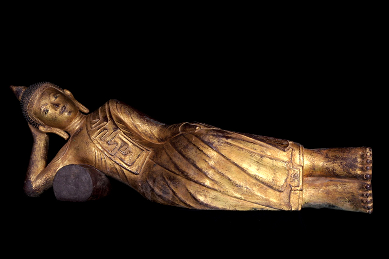 Extremely Rare Early 18C Wood Shan Reclining Buddha # A144
